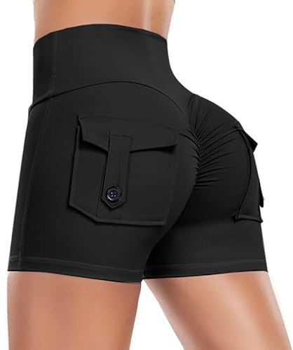 Litthing Pantalones Cortos Mujer Deporte Scrunch Butt Push Up Shorts Con bolsillo Deportivos Mujer Cintura Alta Entrecruzada Leggins Cortos Mujer sin Costuras Elásticos Shorts para Fitness Correr Yoga