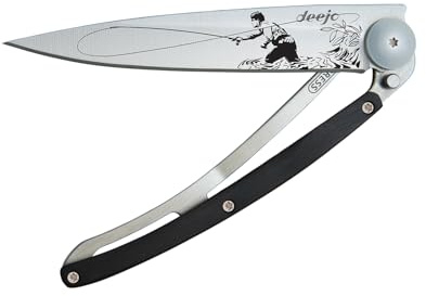 deejo – Klappbares Taschenmesser 37 g mit Gürtelclip – Griff aus Ebenholz, Klinge aus Edelstahl Z40C13 – Motiv Fliegenfischen – Tischmesser, Wandern, Camping, Biwak
