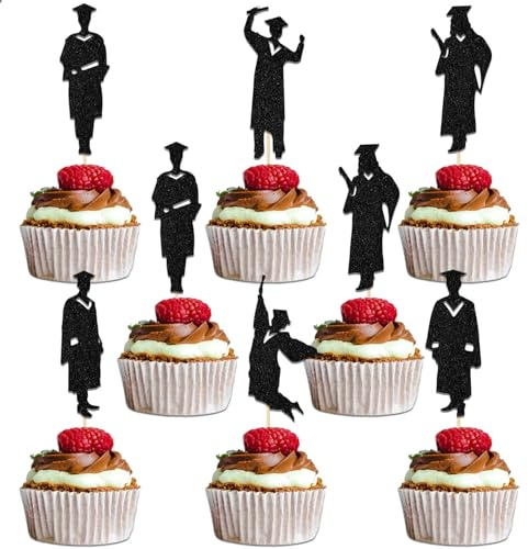 Cupcake-Topper mit Aufschrift Congrats Grad, Party-Dekoration, Klasse 2025 We Will Miss You, 2025 Abschlussfeier, Party-Dekoration, Congratulations You Did It Supplies, schwarzer Glitzer, 24 Stück