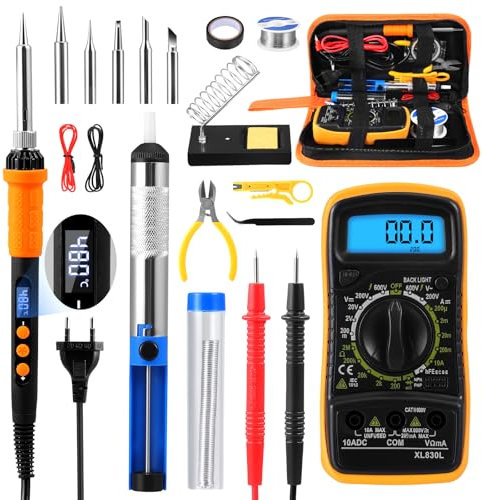 Saldatore a Stagno Kit, 90W LCD temperatura regolabile 200-500°C Saldatore Kit, Saldatore Elettrico Pro con 5 Punte di Saldatura, Pompa Dissaldante, multimetro digitale per Piccole Riparazioni