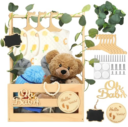YOMKILU Babyparty Geschenk mit Holz, Babykorb mit 6 Holzkleiderbügel und Dekorblättern, Geschenkkorb Baby Korb Geschenk mit Holzschild Baby Babyshowerparty Geschenk für Neue Eltern