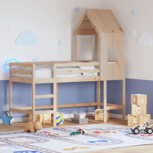 QUAHEAS Hochbett Kinder 80x200 cm aus massivem Kiefernholz, Einzelbett mit Leiter, Dach und Rausfallschutz, Spielbett für Jungen und Mädchen, Natur