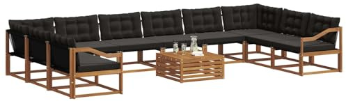 vidaXL Outdoor-Sofagarnitur mit Kissen 11 pcs Natürlich und Schwarz, Garten, modernes Sofa-Set für draußen, langlebige Loungemöbel, wetterfest, tolle Terrasse-Couch