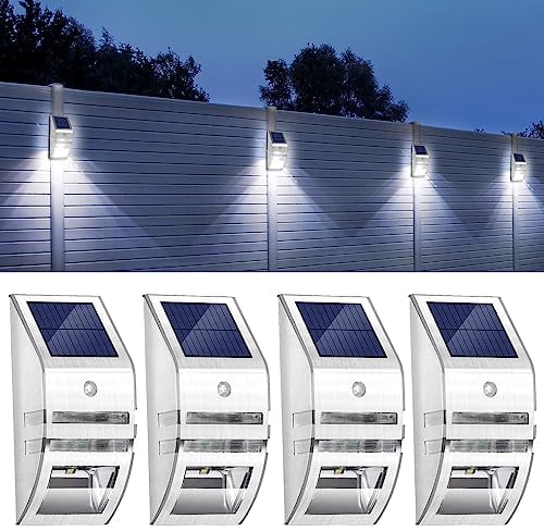 Solarleuchten für Außen Wandleuchte für Garten: Solarlampen für Außen mit Bewegungsmelder IP65 Wasserdichten mit Edelstahl LED Superhelle Solarleuchte 3Modi 270° für Garten Wand Garage - 4 Stück