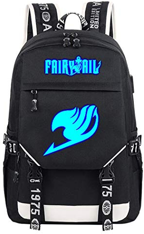 WANHONGYUE Fairy Tail Anime Cosplay Leuchtend Rucksack Schultasche Laptop Backpack mit USB-Ladeanschluss Schwarz / 21