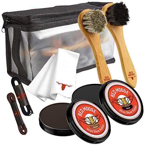 Red Moose Full Leather Wax Shoe Polish Kit - 2x Brush, Buffing Cloth, Travel Case, Laces