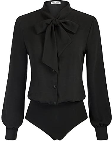 Kate Kasin Women Black Bodysuit Button Up Work Shirt Business Casual Outfits Fall Tops Long Sleeve Bow Tie Blouse XL