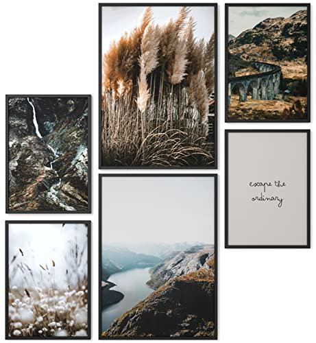 Papierschmiede® Mood Poster Set Rocks and Rivers, Bilder Wohnzimmer Deko Schlafzimmer, 2x DIN A4 und 4x DIN A5, Pampasgras Fluss Berge Wald grün braun - Wandposter ohne Rahmen