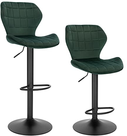 WOLTU Barhocker 2er Set höhenverstellbarer Hocker 60-82 cm 360° Drehstuhl mit Rückenlehne Fußstütze Barstuhl aus Samt Metall Stehhocker Dunkelgrün BH324dgn-2
