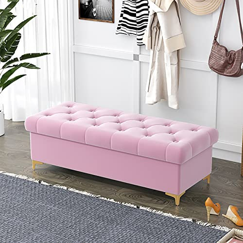 W&X Luxueux Ottoman Banc Avec Rangement,Moderne Coffre De Stockage Pouf Rangement Pour Chambre Salon,Velours Rembourrés Fin Du Lit Banc-Rose clair 60x40x40cm(24x16x16inch)