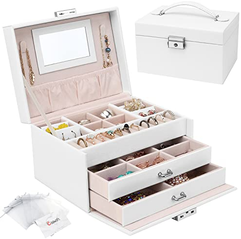Schmuckkasten, Schmuckkästchen mit Schubladen für Damen Mädchen, PU-Leder Schmuckbox Schmuckschatulle Groß Schmuck Organizer für Ringe Ohrringe Armbänder Halsketten, Weiß
