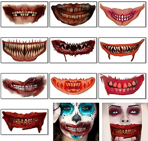 Tatuajes Temporales Halloween, RosyFate 10 piezas Tatuajes Temporales Boca, Tatuajes Cara, Halloween Tattoo, para Carnaval Festival Fiesta Show Grimace Cosplay