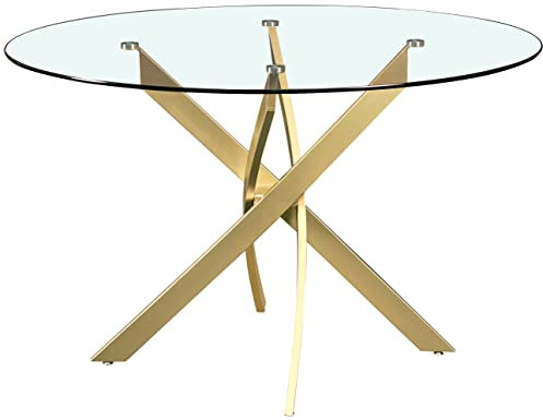 Meridian Furniture Xander Collection Moderner Esstisch mit Metallfuß und runder Tischplatte aus gehärtetem Glas, 121,9 x 121,9 x 76,2 cm (B x T x H), Gold