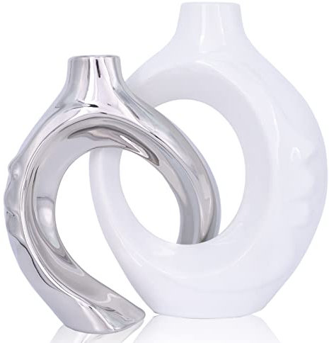 oliruim Weiße Keramikvase, 2er-Set, weiße und Silberne runde Donut-Keramik-dekorative Vase für Wohnzimmerdekoration, Bücherregal, Kaminsims, Esstisch, Tafelaufsatz (Weiß/Silber)
