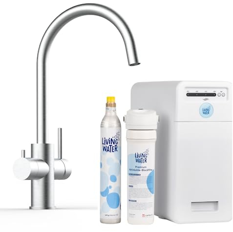 Living Water Sprudel-Wasserhahn mit Kohlensäure, Untertisch-Trinkwassersystem mit 5-Wege-Edelstahl-Armatur, LivingTap Pro Sprudelwasser aus dem Hahn mit C-Auslauf
