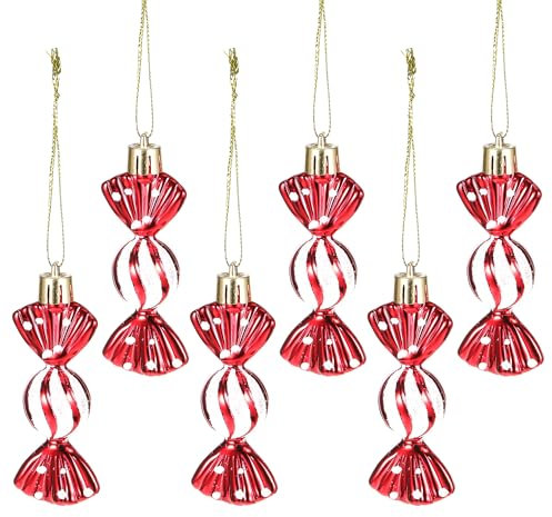6pcs 8cm Mini Sweet Shaped Christmas Baubles Shiny & Glitter Decorations Xmas Candy Ornaments, Red and White Christmas Decorations for Tree Holiday Home New Year Party Supplies