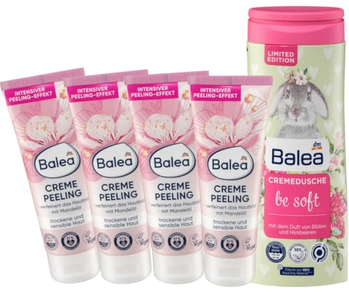 Balea 5er-Set Hautpflege: PEELING CREME verfeinert das Hautbild, mit Mandelöl für trockene & sensible Haut (4 x 75 ml) + Duschgel BE SOFT Cremedusche mit Duft von Blüten & Himbeeren (300 ml), 600 ml