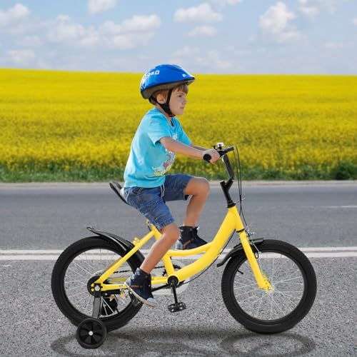 Brride 16 Zoll Kinderfahrrad Universell für Jungen & Mädchen, Verstellbar mit Schutzblechen & Kettenabdeckung, Stoßdämpfende Reifen, Gelb, Kohlenstoffstahl, Ab 5-8 Jahre