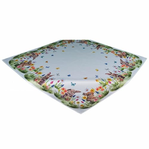 texpot Tischdecke 110 x 110 cm mit Druck Hase auf Blumenwiese Ostern Frühling