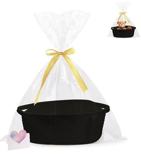 Presentkorg, set med 1 presentkorgar, 30 x 20 x 12 cm vävd korg i bomullsrep, presentpåsar och band, korg med handtag för gåvor, för handdukar, sovrum, svart