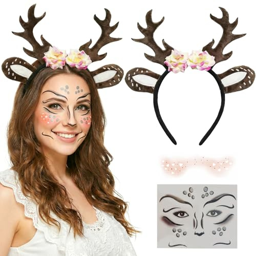 ePicsoa Haarreif Reh Geweih Hörner Rehohren, Rentier Accessorie mit Ohren + Reh Gesichtstattoo, Rentier Geweih Haarreif und Blüten, für Weihnachten Fasching Mottoparty Cosplay Halloween