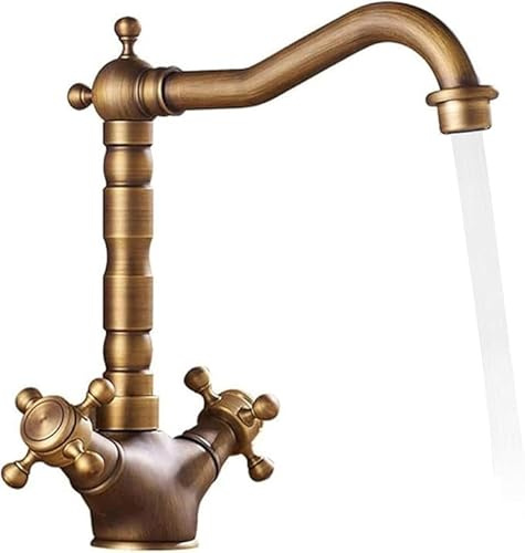 Rubinetto Vintage per Lavello Cucina, Miscelatore Girevole 360° in Ottone, Doppia Maniglia per Acqua Calda e Fredda con Tubo Flessibile, Design Durevole per Bagno