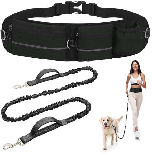 Faneam Joggingleine Hunde mit Bauchgurt Hüfttasche, Freihandleine für Große und Mittelgroße Hunde, Elastische Laufleine mit Doppelgriff 150-220cm, Reflektierende Hundeleine zum Joggen, Schwarz