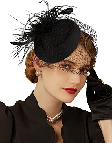 Cizoe Fascinators Hüte 20er 50er Jahre Hut Pillbox Hut Cocktail Tee Party Kopfbedeckung mit Schleier für Mädchen und Frauen, Schwarz, Einheitsgröße