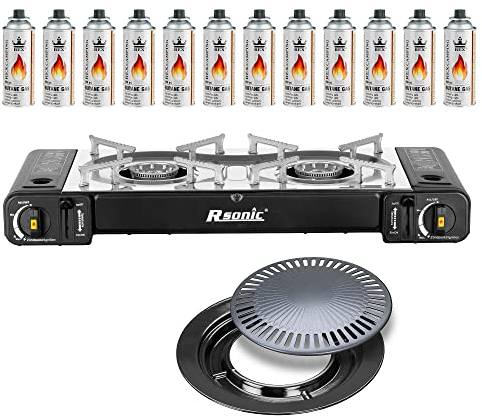 Mianova Campingkocher Doppel Gaskocher 2 flammiger Shisha Anzünder Grill Notfallkocher Kühltasche Gaskartuschen Gas Kocher Set Schwarz Grillplatte 12 Gasflaschen