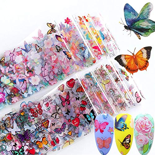 10 Farbe Butterfly Nail Art Transferfolie Sticker, Mwoot Schmetterling Blume Nagelfolie Transfer Roll Set, Holographische Nail Wraps Aufkleber Kit