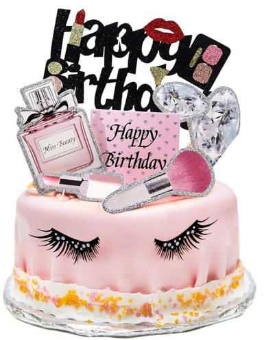 22Pack Makeup Cake Topper, Lipstick Perfume Bottle Eyelash Diamond Brush Cosmetic Cupcake Topper, Happy Birthday Decoration for Girl Women Makeup Theme Birthday Bridal Shower Salon Spa Party Supplies