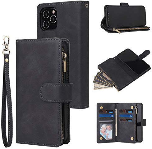 QLTYPRI Case for iPhone 13 Pro, Large Capacity Leather Wallet Case 6 Card Holder & 1 Zipper Pocket Kickstand Wrist Strap Magnetic Case for iPhone 13 Pro - Black