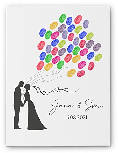 CHRISCK design Leinwand Fingerabdruck Hochzeit - tolle Hochzeits Gästebuch Alternative - Fingerprint Bild mit Hochzeitspaar für Fingerabdrücke der Gäste - personalisiert mit Namen | Wunschtext