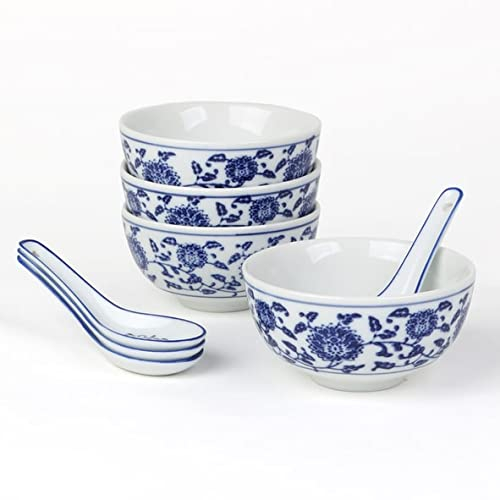 Qing Hua Ci Lot de 4 bols à riz en porcelaine avec cuillères chinoises Bleu cobalt