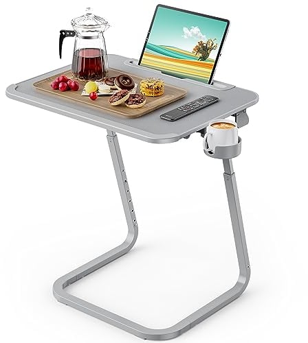 SAIJI Tisch Beistelltisch, Doppelnutzung betttablett Laptoptisch, Couchtisch, Stabilere Beistelltisch c Form, wohnzimmertisch, Höhen Winkel verstellbar, mit Tablet Schlitz, Getränkehalter, 55 * 39cm