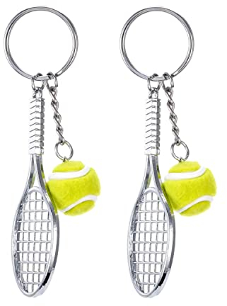 BOBOZHONG Tennis Schläger Keychain,2 Stück Sport Schlüsselanhänger Anhänger Silber aus Metall grüner Sport Schlüsselring der Neuheit Mini Tennisball Anhänger Geschenke für Tennisliebhaber