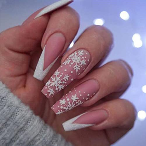 Handcess Weihnachten Sarg Falsche Nägel - Matte Lange Ballerina Presse auf Schneeflocke Weiß Rosa Französisch Acryl Stick 24Pcs für Frauen und Mädchen