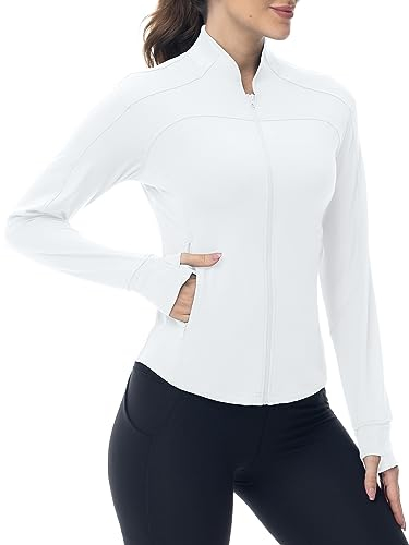 YSENTO Damen Sportjacke Laufjacke Funktionsjacke Wanderjacke Leicht Langarm Yoga Gym Sport Oberteil Atmungsaktive mit Daumenloch(Weiß,S)