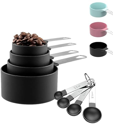 Messlöffel Set 8 Stück Kunststoff Messbecher,Messbecher Set Edelstahl für Messen Flüssigkeiten Feststoffe mit 4 Measuring Cups und 4 Löffel,Messwerkzeug von Küchen,Dosierlöffel für Backmessen Schwarz