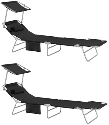 SoBuy 2-er Set Sonnenliege klappbar Gartenliege mit Sonnendach & Kopfkissen & Seitentasche Strandliege für Balkon 155x56x81cm für Gartenmöbel Terrasse Camping Schwarz OGS48-SCHx2