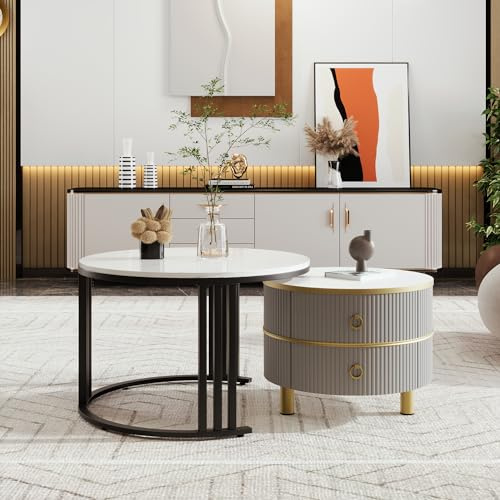 BTM Table Basse Gigognes Rondes, Table Basse Blanche et Gris en Marbre avec 2 Tiroirs, avec Pieds Dorés, Cadre en Métal, pour Salon, 50 * 50 * 40 + 70 * 70 * 46cm, Blanc et Gris