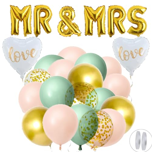 60 Stück Hochzeit Luftballon Rose Grün MR & MRS Foil Gold Ballons Deko Hochzeit Ballons Hochzeitsballons 30 cm Ballon Rose Grün Gold