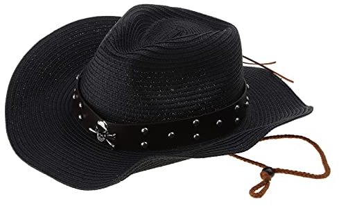 Sombrero de vaquero vintage estilo occidental grande de metal con ala de calavera, sombrero de vaquero tejido de paja, accesorio para verano, resistente al sol, color negro, Negro, as the pic show