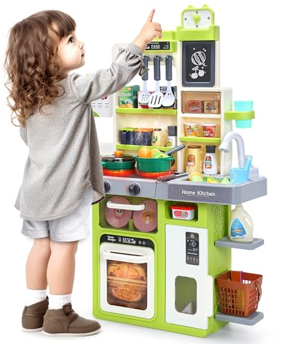 CUTE STONE Ensemble de Jeu de Cuisine pour Enfants, évier à Eau, cuisinière avec Vapeur, lumière et Son, Accessoires de Cuisine Jouets avec Nourriture Jouet, Cadeau garçons Filles Tout-Petits (Vert)