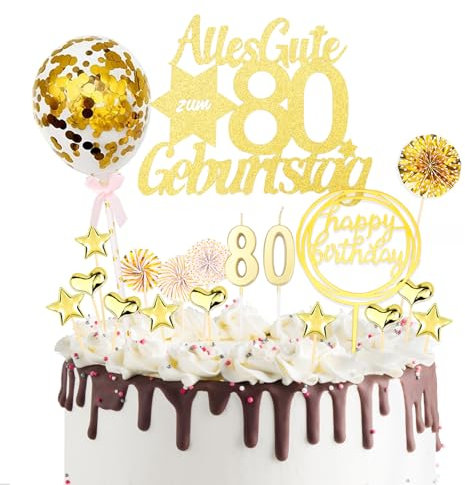 DazzJoy 19 Stück Torten Deko für 80. Geburtstag - Frau & Mann, Glitzer 80. Geburtstag Kuchendeko, Cake Topper mit 'Alles Gute' und Goldfarbenem Tortendeko