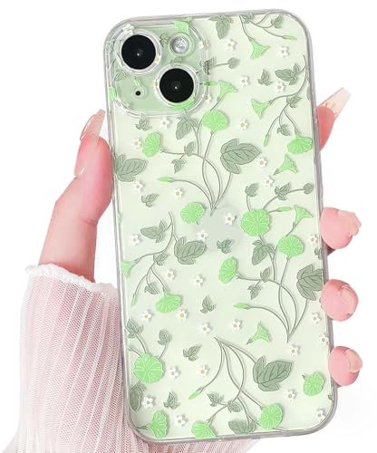 NITITOP Compatible with iPhone 15 Case Cute Clear Flower Floral Design Women Girls Morning Glory Floral Pattern Soft TPU Slim Fit Shockproof Protective Phone Cover - Green
