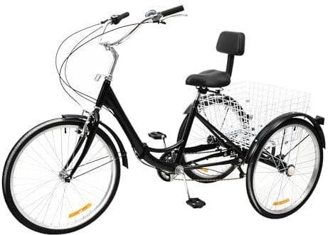 Pinuox 24 Zoll Dreirad für Erwachsene Klappbar Höhenverstellbar 7 Gang Dreiräder Senioren Fahrrad mit 3 Rädern und Korb