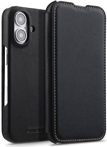 STILGUT iPhone 16 Leather Flip Case - MagSafe Compatible, Shockproof, Privacy Screen - Black Nappa