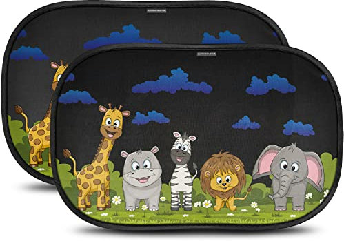 Parasol Coche con protección UV certificada Óptima Oscuridad - Autoadhesivo, para Proteger del Sol a bebés y Mascotas, 2 parasoles para bebé de 51x31 cm, Diseño Animales
