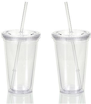 Juego de 2 vasos acrílicos reutilizables de doble pared con pajita y tapa, 473 ml, transparente